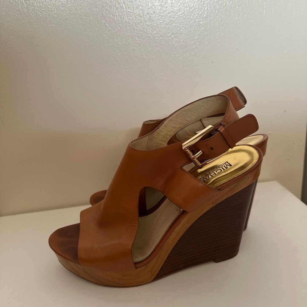 Michael Kors Tan Leather Wedge Sandals